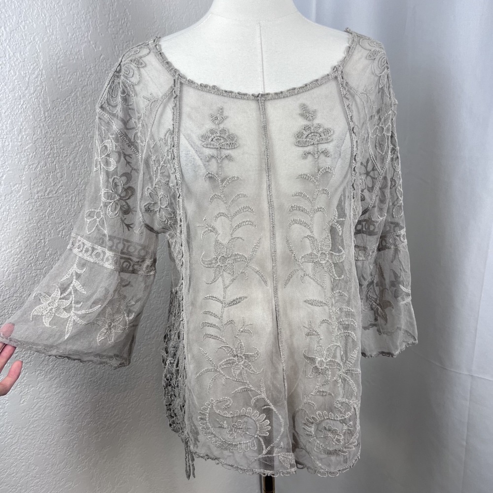 Y2K Fairy Top Womens S/M Beige Sheer Mesh Floral Embroidered Boho Festival Beach